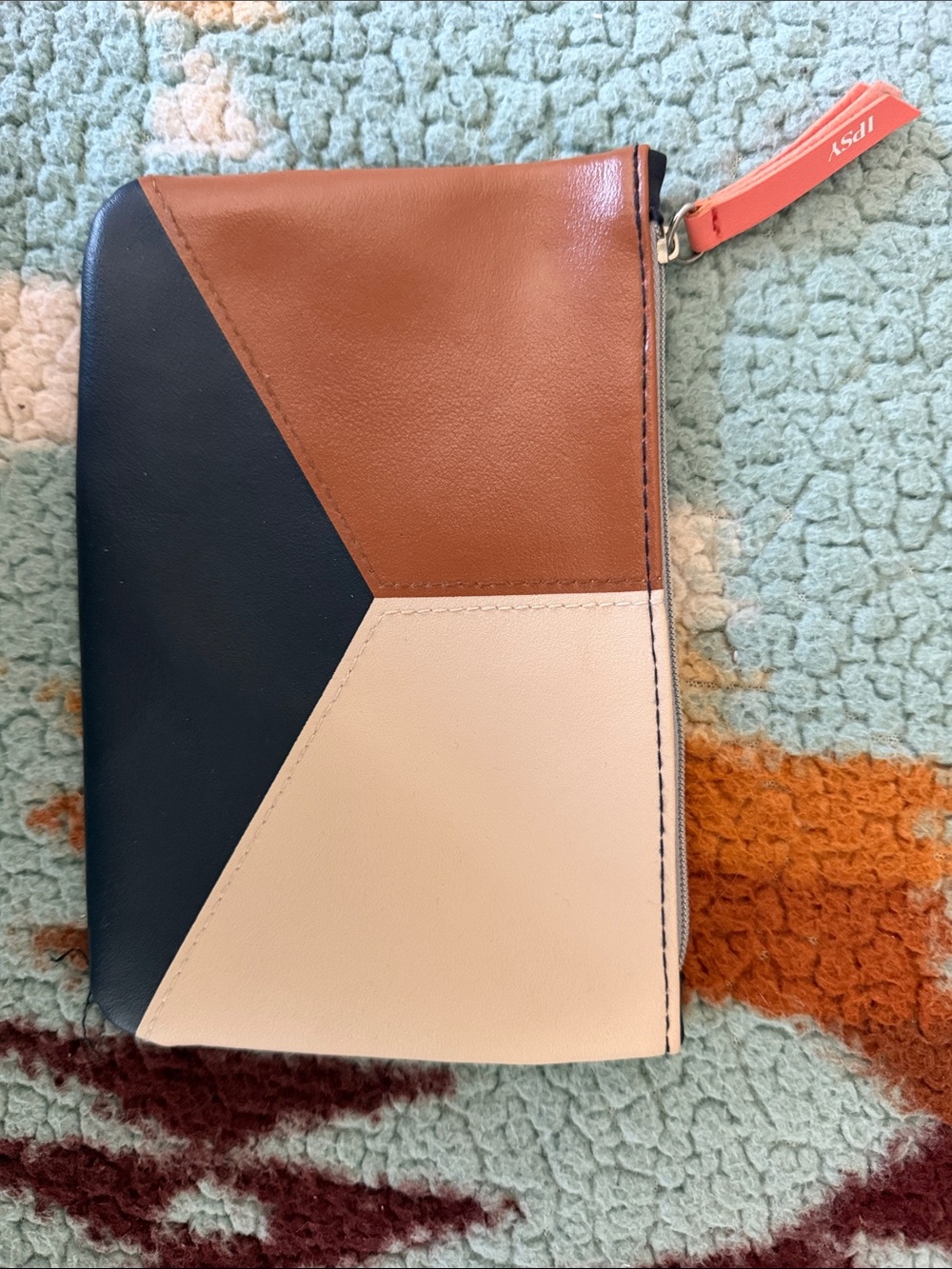 ipsy Colorblock Zip Cosmetic Pouch in Brown, Black & Cream